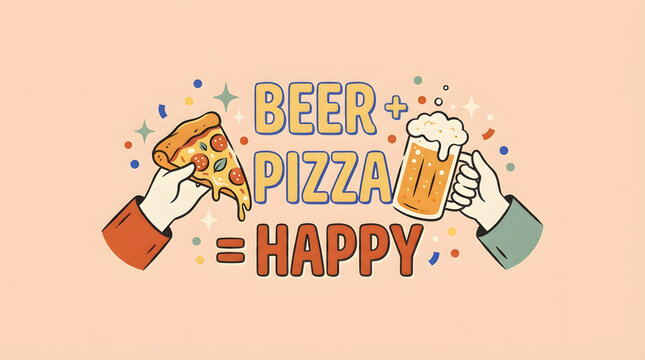Hands holding pizza and beer with text beer plus pizza equals happy, celebrating good times.