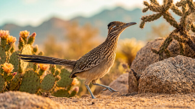 Greater Roadrunner walking briskly across a sandy desert floor surrounded by blooming cacti and dry rocky terrain.