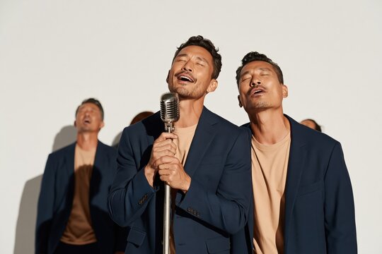 Group vocalist lead singer with vintage microphone and backing singers in coordinated navy blazers for choir performance and promotional banner