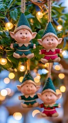 Fototapeta premium Festive elf ornaments hanging from a Christmas tree, featuring whimsical woodland characters, warm fairy lights, golden bokeh, and cozy holiday atmosphere.