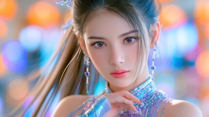 Fototapeta premium Close-up portrait of a futuristic young woman with glossy makeup, colorful neon lighting, soft bokeh, and iridescent fashion, creating a dreamy Y2K cyberpunk aesthetic.