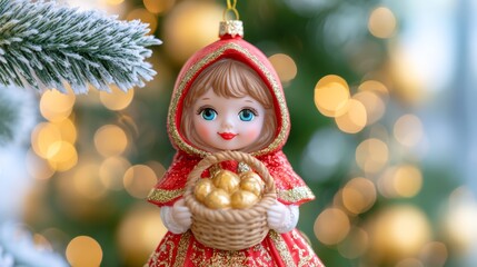 Fototapeta premium Charming Christmas doll ornament in a red hood holding a basket of golden treats, surrounded by snowy evergreen branches and warm glowing bokeh lights.
