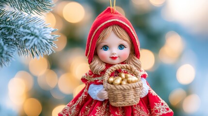 Fototapeta premium Charming Christmas doll ornament in a red hood holding a basket of golden treats, surrounded by snowy evergreen branches and warm glowing bokeh lights.