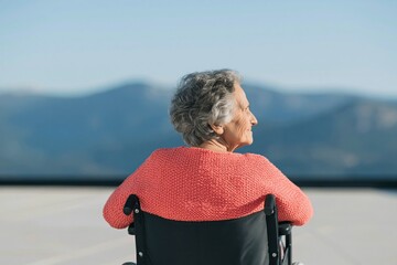 Fototapeta premium Elderly woman in wheelchair profile smiling while gazing at mountain range from balcony for warm background and senior wellbeing design