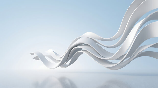 Abstract white architectural ribbons flowing in a smooth wave motion on blue background