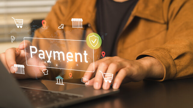 Person Using Digital Device for Online Payment with Payment Confirmation Icons