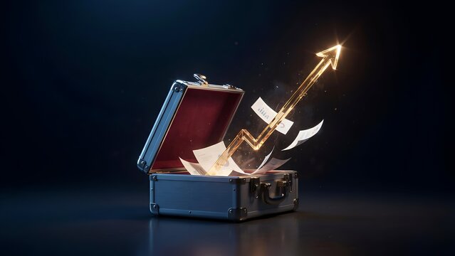 Business growth and financial success concept with rising arrow and documents from briefcase