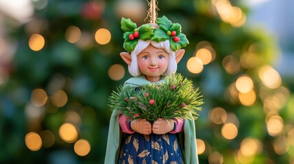 Fototapeta premium Handcrafted wooden Christmas ornament featuring a whimsical forest elf doll design, hanging against soft evergreen foliage and warm festive bokeh lights.