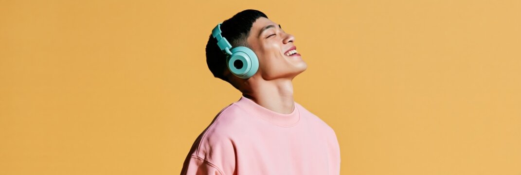 Young man wearing teal headphones and pink sweatshirt smiling with eyes closed against yellow background for music poster and background design