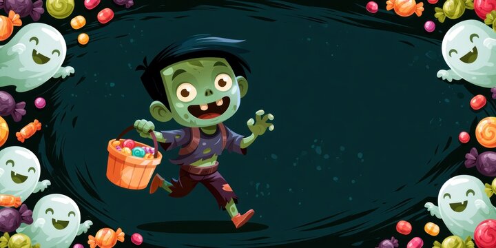 Happy Zombie Child Trick or Treating with Friendly Ghosts