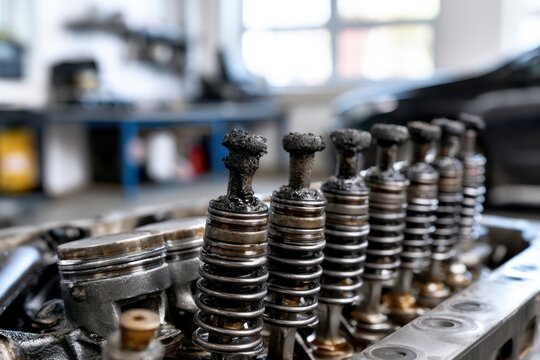 Rusted and heavily carbon-fouled engine valves and springs showing wear and buildup inside a workshop environment with tools blurred in the background