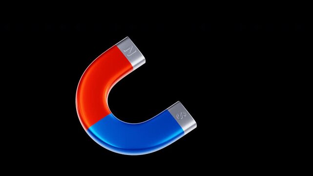 3D horseshoe magnet emitting yellow magnetic sparks in a seamless loop on a transparent background for digital marketing, customer attraction, lead generation, and physics education concepts.