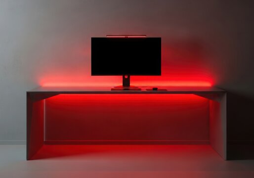 Modern tv on illuminated red desk with led lighting