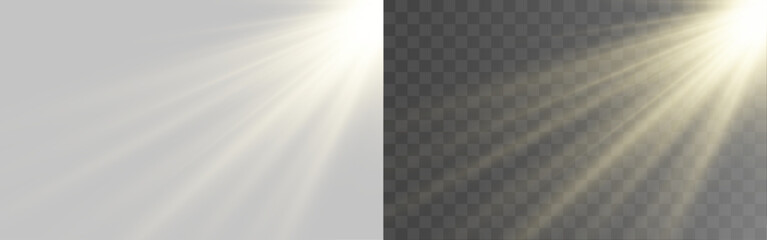 Naklejka premium Golden sunlight spreads across the center. Delicate rays form a radiant glow. Transparent vector effects enhance bright compositions.
