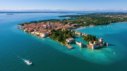 Fototapeta premium Sirmione Peninsula Aerial Travel Destination with Detailed Surroundings, Italy