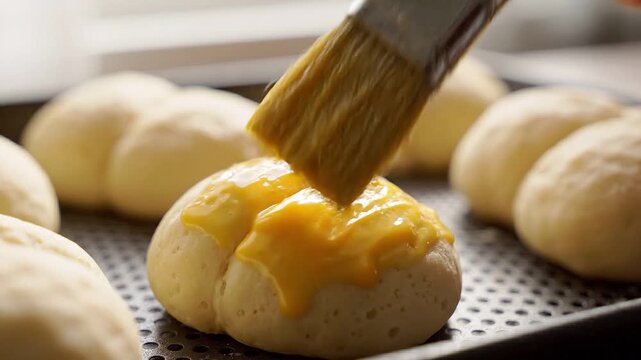Baker brushes egg wash onto dough rolls on a baking tray, coating the surface before baking for a golden crust and homemade bread preparation