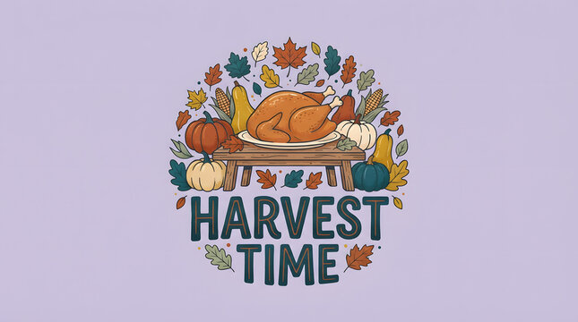 Harvest time concept with roasted turkey, pumpkins and autumn leaves forming circle for celebration.