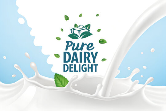 Creamy milk splash pouring with fresh green mint leaves and branding logo on blue background