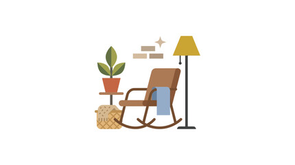 Fototapeta premium Cozy Living Room Corner Illustration with Rocking Chair and Plant