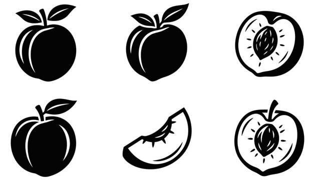 Set of black and white peach icons showing whole fruit and sliced halves with silhouette graphics vegetarian nutrition ingredient illustration isolated wholesome botanical