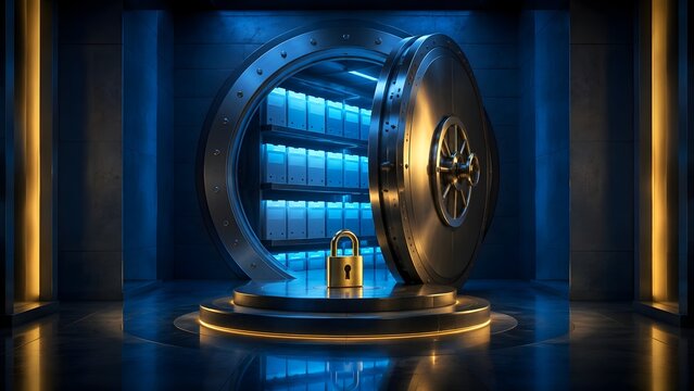 Open bank vault with golden padlock and illuminated shelves