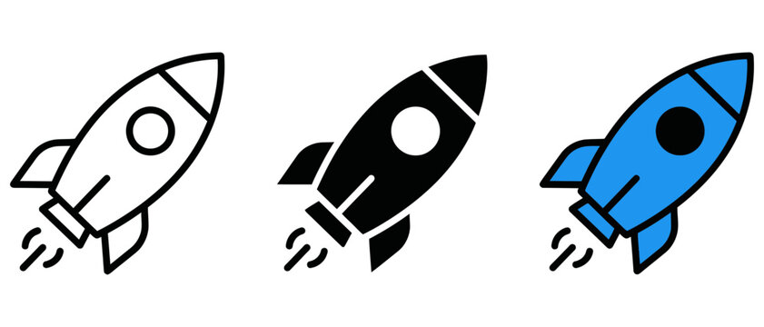 Set of space rocket icons in outline and filled styles for launch concepts with start up business innovation technology graphics exploration astronomy isolated illustration