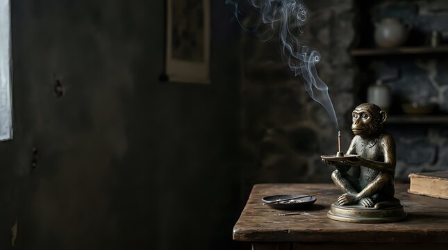 Vintage monkey figurine smoking cigar on wooden table in dark moody room with shelves, suitable for retro decor and nostalgic themed projects.
