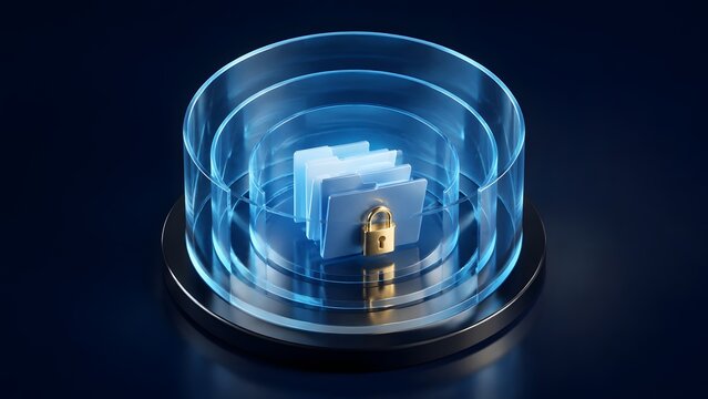 Secure digital data storage with blue folders and golden lock