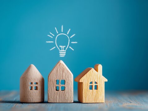 住宅模型の上に手書き風の電球が輝く不動産や住まいのアイデアをイメージしたコンセプト写真
