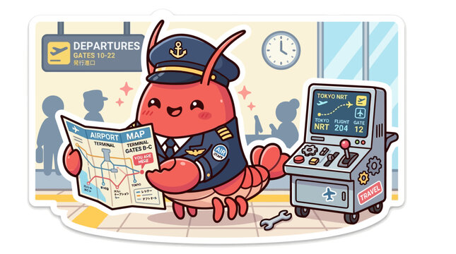Cute Lobster Pilot Reading Airport Map Next to Control Panel