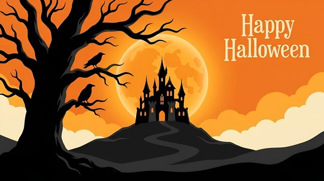Wolf Howling at the Full Moon in a Spooky Halloween Night, Dark Forest Silhouette, Bats and Haunted Landscape Vector Illustration