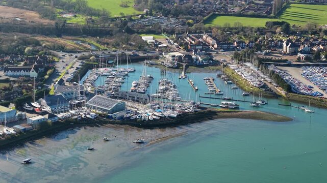 High angle aerial view of yachts moored in pontoon berths at Ipswich Haven Marina