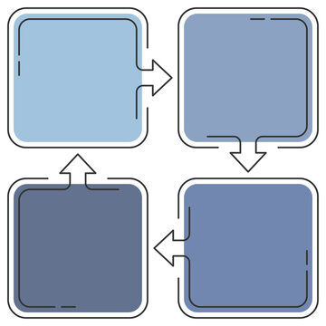 Infographic template with four square options forming a cycle process for business data visualization and workflow presentation