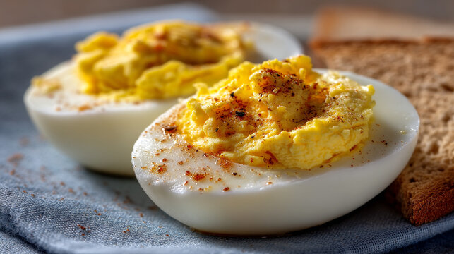 Stuffed deviled eggs topped with spices served with toast snack food finger food appetizer