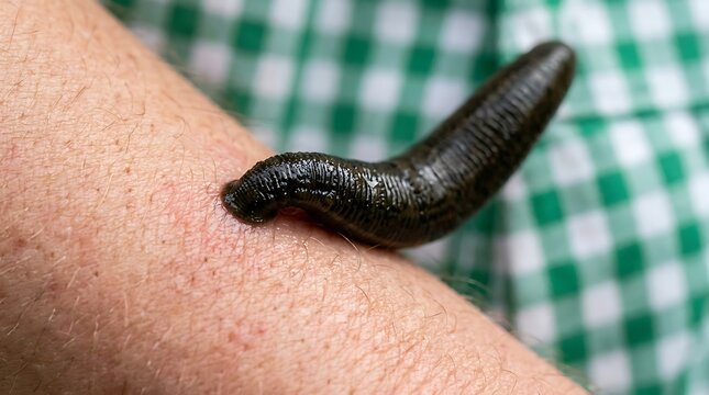A black leech crawling on a human arm.