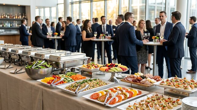 People networking at elegant business event with diverse catering buffet serving salads, fruits, meats, and appetizers on tables in bright modern conference hall.