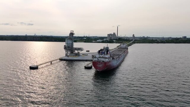 An aerial perspective of the red CSL Tadoussac cargo ship docked next to an industrial loading pier on Lake Ontario, near the Ash Grove Cement plant in Mississauga, Ontario, Canada