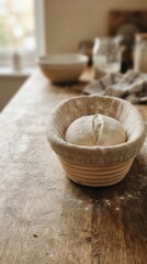 Fototapeta premium Artisan Sourdough Proofing in a Traditional Wicker Banneton Basket on a Rustic Wooden Kitchen Countertop for Wholesome Homemade Bread Baking Preparation