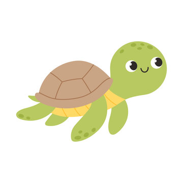 Kawaii smiling sea turtle. Friendly marine animal with simple flat design for children, nursery decor, education, books and baby products