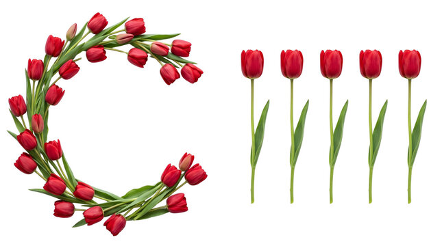 Vibrant red tulip letter C, a floral alphabet design, with six individual red tulips, spring flower elements for creative projects isolated PNG with Transparent Background