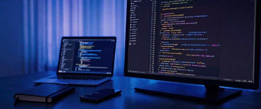 Desktop Computer Screens Show Coding Language User Interface. Program Development, Code, web programming concept. 3d rendering