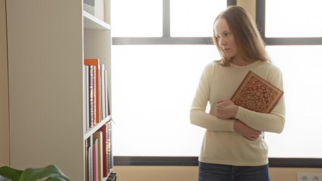 Young woman holds ornate red book to chest with hands beside bookshelf near window in a building; contemplation study.