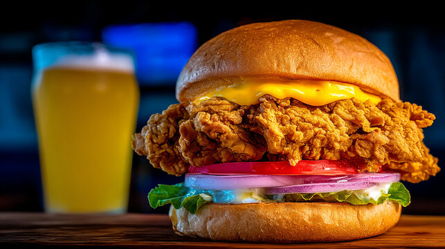 Close up of crispy fried chicken sandwich with melted cheese and fresh vegetables, sandwich