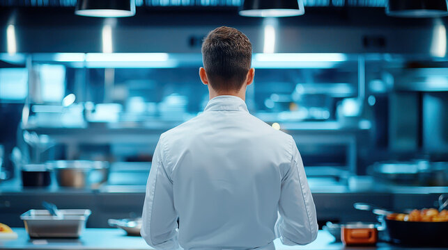 Professional chef stands in modern kitchen, focused on culinary tasks, surrounded by stainless steel equipment and bright lights