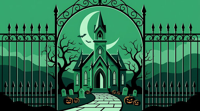 Haunted church at night with full moon and iron fence halloween cemetery tombstone architecture building landscape celebration