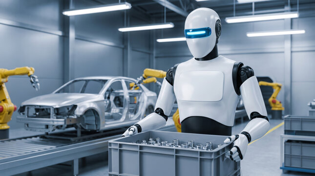 Humanoid robot factory industrial automation. Smart ai cyborg machine. futuristic future innovation, automation engineering manufacturing production