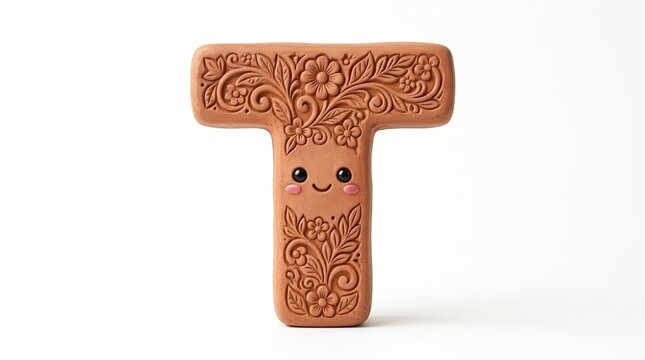 Terracotta letter T with floral carvings, clay alphabet character with cute face, brown ceramic initial for nursery decor isolated PNG with Transparent Background