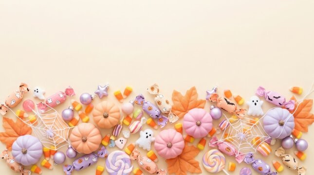 Halloween close-up of colorful candy corn scattered on a white