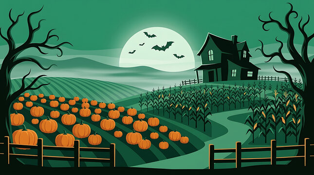 Spooky halloween pumpkin patch with haunted house at night under a full moon halloween landscape seasonal vegetable silhouette