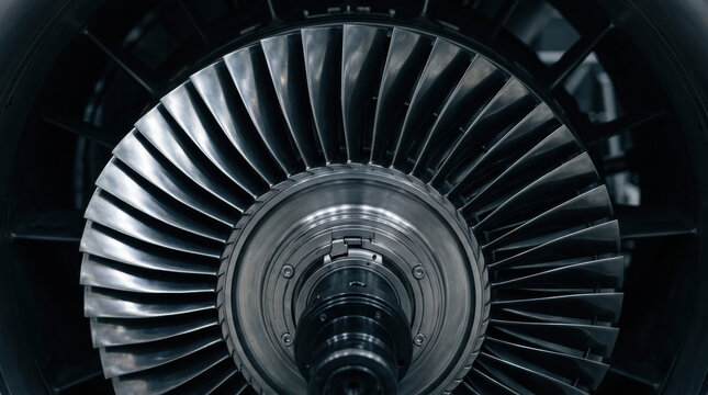 Jet engine turbine close up showing metal blades in aero industry with focus on mechanical precision and engineering excellence